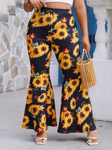 SHEIN Holidaya Plus Sunflower Print Flare Leg Trousers - Multicolor - View 6