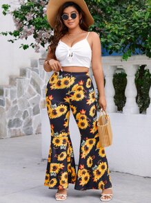 SHEIN Holidaya Plus Sunflower Print Flare Leg Trousers - Multicolor - View 7