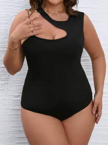 Calvaya Plus Chain Detail Asymmetrical Neck Bodysuit - Black - View 1