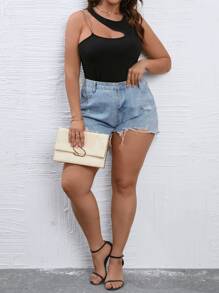 Calvaya Plus Chain Detail Asymmetrical Neck Bodysuit - Black - View 6