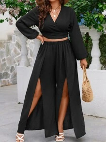 Breezaya Plus Lantern Sleeve Crop Top & Split Thigh Trousers - Black - View 5