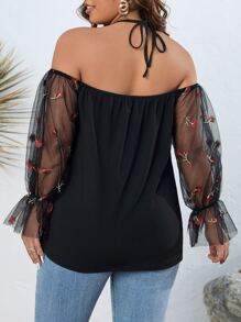 SHEIN LUNE 大碼花卉刺繡網紗荷葉袖挖肩上衣 - 黑色 - 查看 2