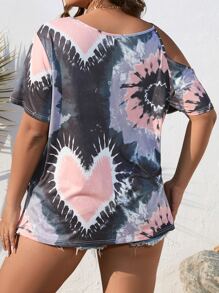 SHEIN LUNE Camiseta con corazón con con estampado de tie dye de hombros con abertura - Multicolor - Ver 2