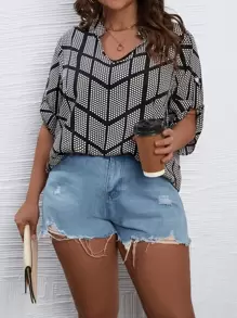 SHEIN LUNE Plus Polka Dot Print Batwing Sleeve Popover Blouse - Multicolor - View 1