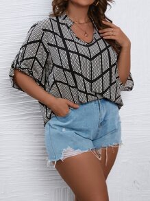 SHEIN LUNE Plus Polka Dot Print Batwing Sleeve Popover Blouse - Multicolor - View 3