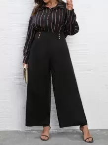 SHEIN LUNE Striped Print Shirt & Wide Leg Trousers - Black - View 1