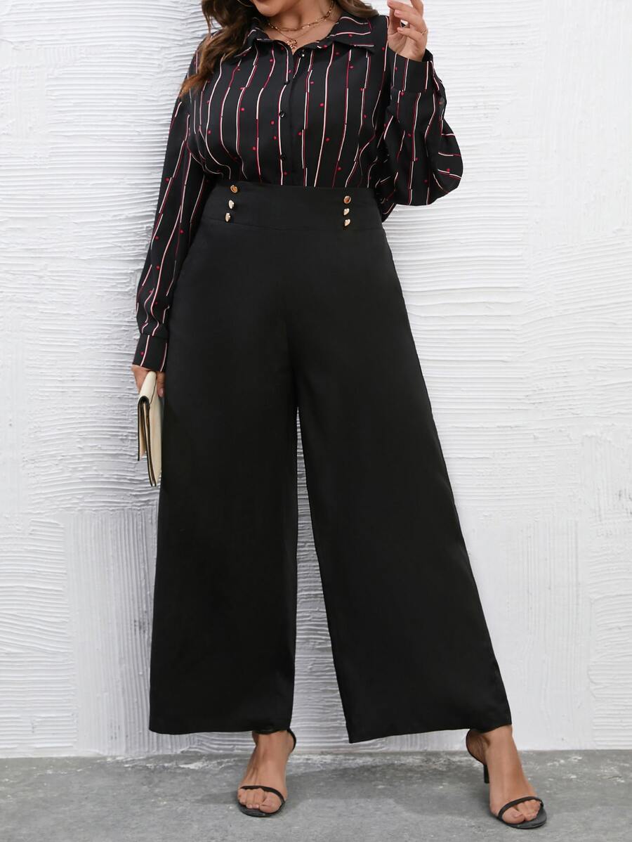 SHEIN LUNE Striped Print Shirt & Wide Leg Trousers - Black - View 1