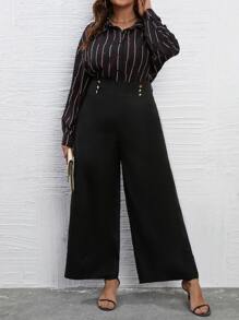 SHEIN LUNE Striped Print Shirt & Wide Leg Trousers - Black - View 3
