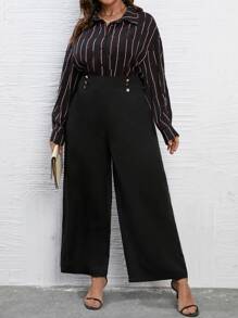 SHEIN LUNE Striped Print Shirt & Wide Leg Trousers - Black - View 4