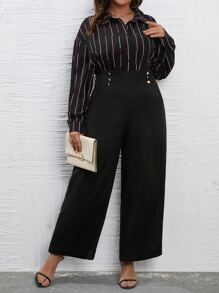 SHEIN LUNE Striped Print Shirt & Wide Leg Trousers - Black - View 5