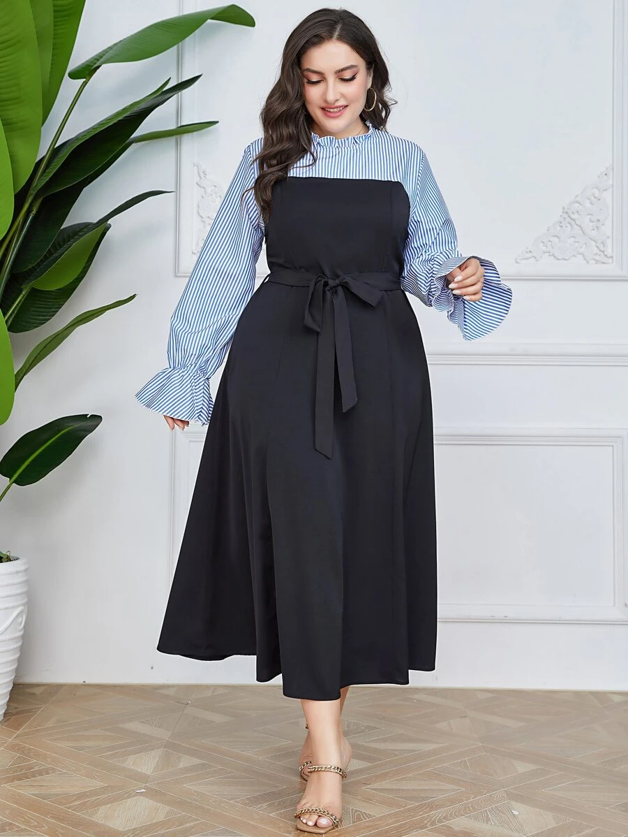 Mulvari Plus Striped Flounce Sleeve Belted Dress - Multicolor - View 1