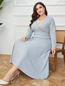 Mulvari Plus Surplice Neck Solid A-line Dress - Grey - View 4