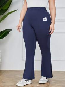 Mulvari Plus Letter Patched Split Hem Flare Leg Trousers - Navy Blue - View 1