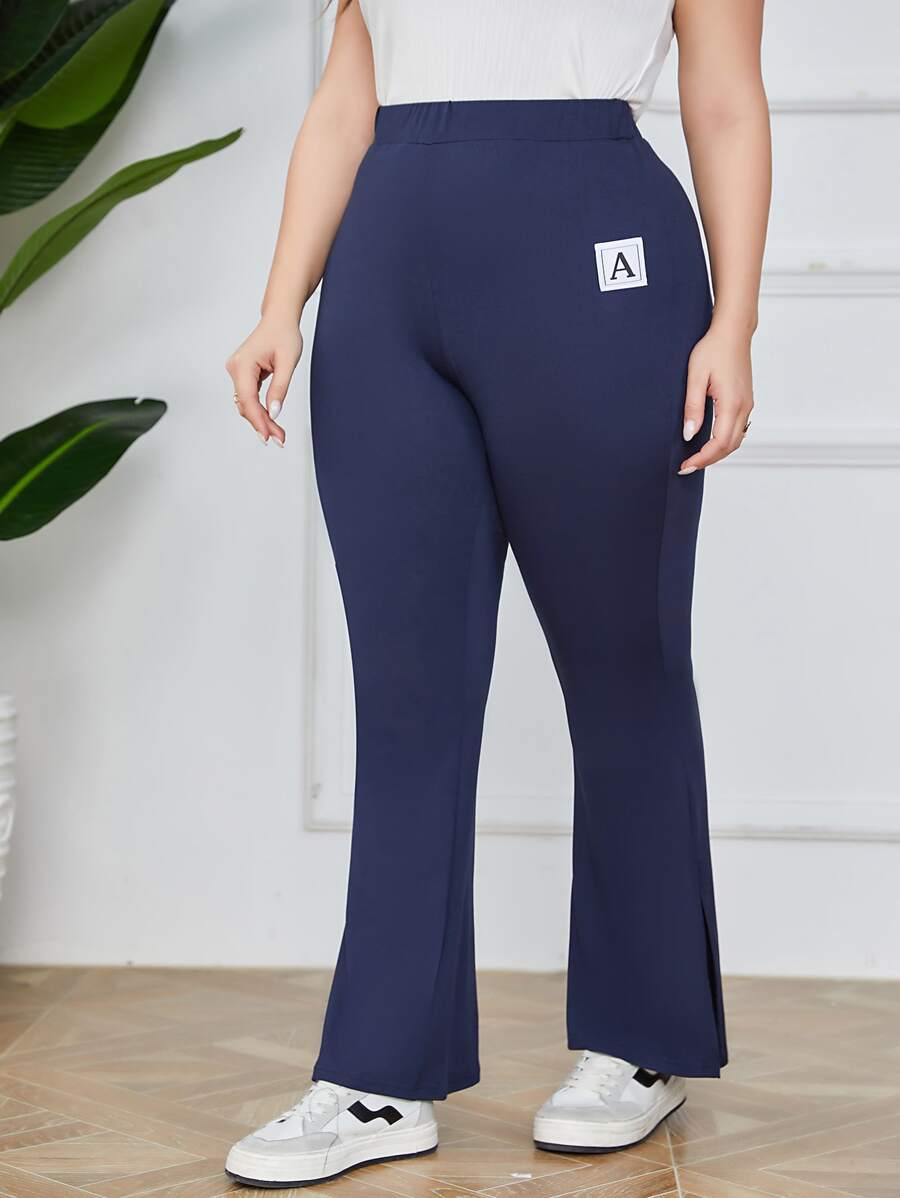 Mulvari Plus Letter Patched Split Hem Flare Leg Trousers - Navy Blue - View 1