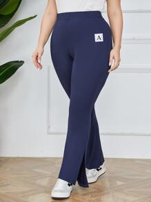 Mulvari Plus Letter Patched Split Hem Flare Leg Trousers - Navy Blue - View 3