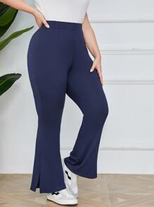 Mulvari Plus Letter Patched Split Hem Flare Leg Trousers - Navy Blue - View 6