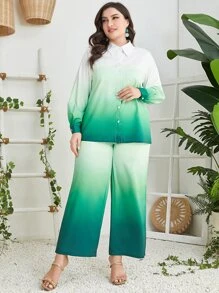 Mulvari Plus Ombre Print Shirt & Wide Leg Trousers - Multicolor - View 1