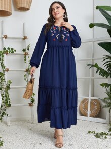 Al Najma Plus Floral Embroidery Tassel Tie Neck Ruffle Hem Dress - Navy Blue - View 5