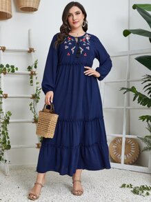Al Najma Plus Floral Embroidery Tassel Tie Neck Ruffle Hem Dress - Navy Blue - View 3