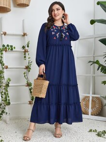 Al Najma Plus Floral Embroidery Tassel Tie Neck Ruffle Hem Dress - Navy Blue - View 1