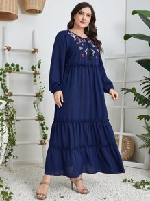 Al Najma Plus Floral Embroidery Tassel Tie Neck Ruffle Hem Dress - Navy Blue - View 7