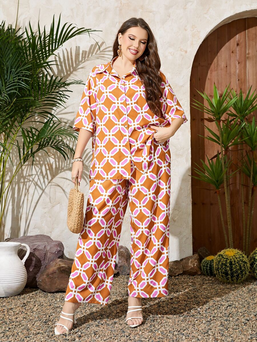 Mulvari Plus Allover Print Drop Shoulder Shirt & Wide Leg Trousers - Orange - View 1