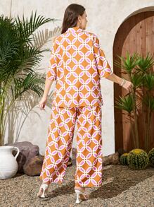 Mulvari Plus Allover Print Drop Shoulder Shirt & Wide Leg Trousers - Orange - View 2