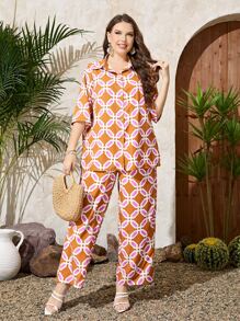 Mulvari Plus Allover Print Drop Shoulder Shirt & Wide Leg Trousers - Orange - View 3