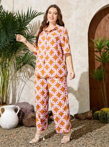 Mulvari Plus Allover Print Drop Shoulder Shirt & Wide Leg Trousers - Orange - View 5