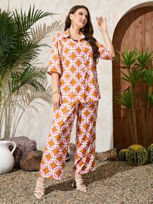 Mulvari Plus Allover Print Drop Shoulder Shirt & Wide Leg Trousers - Orange - View 6