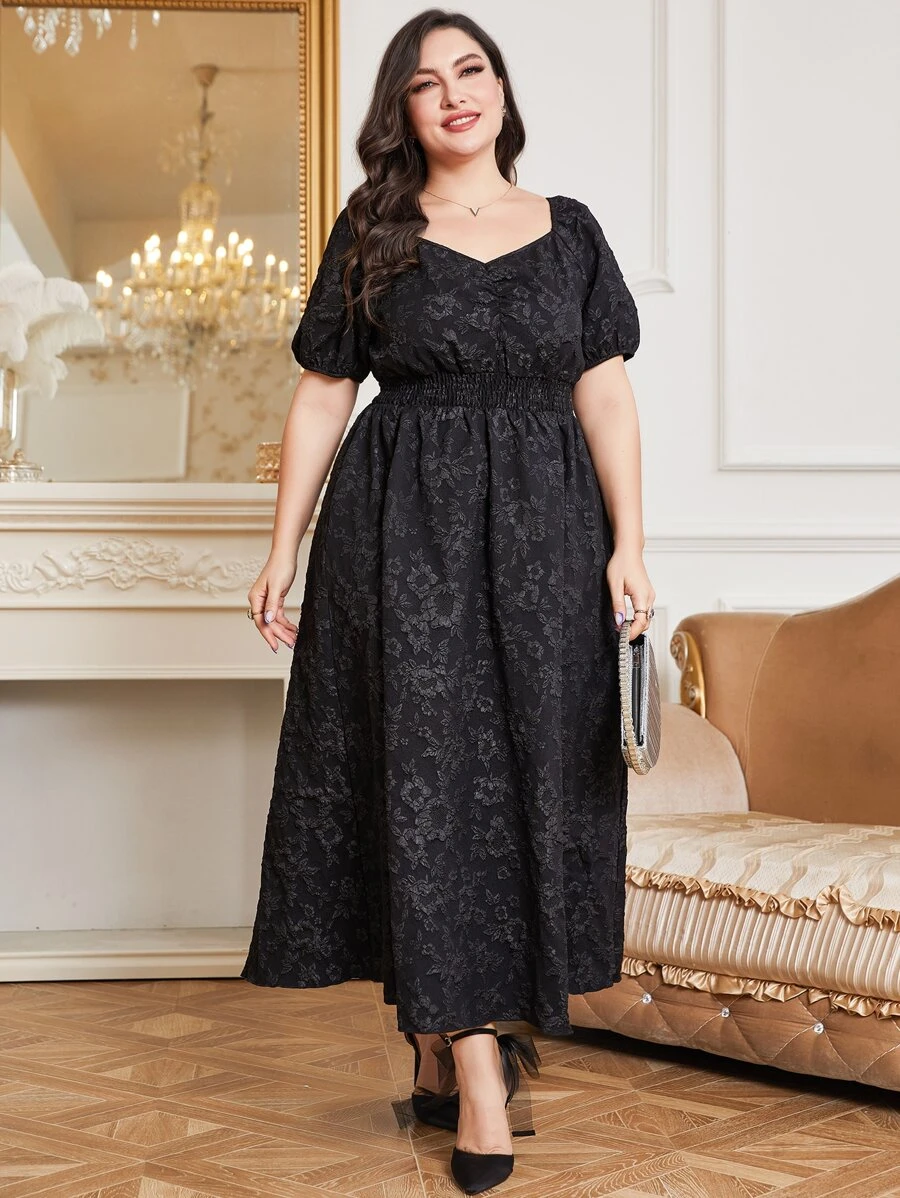 Modelyn 大碼花卉圖案提花雞心領口泡泡袖洋裝