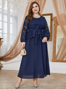 Mulvari 大碼蕾絲拼接燈籠袖繫腰帶洋裝 - 藏蓝色 - 查看 5