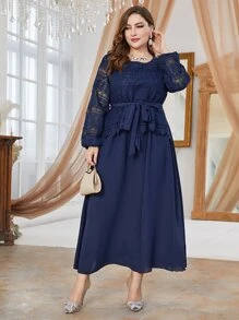 Mulvari 大碼蕾絲拼接燈籠袖繫腰帶洋裝 - 藏蓝色 - 查看 3