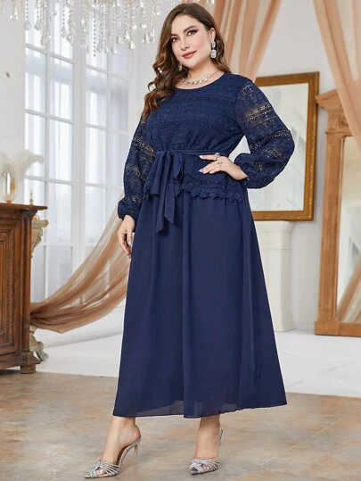 Mulvari 大碼蕾絲拼接燈籠袖繫腰帶連衣裙