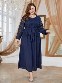 Mulvari 大碼蕾絲拼接燈籠袖繫腰帶洋裝 - 藏蓝色 - 查看 6