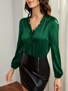 SHEIN Privé V領荷葉邊緞面襯衫 - 墨綠色 - 查看 3