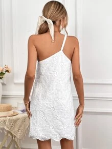 Soleia One Shoulder Scallop Trim Eyelet Embroidery Dress - White - View 2