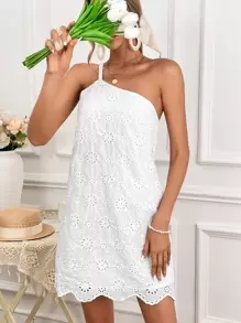 Soleia One Shoulder Scallop Trim Eyelet Embroidery Dress - White - View 3