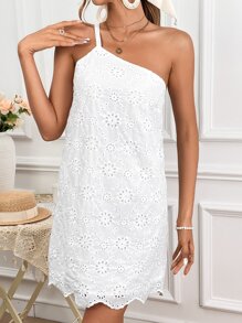 Soleia One Shoulder Scallop Trim Eyelet Embroidery Dress - White - View 4