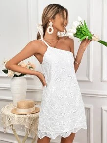 Soleia One Shoulder Scallop Trim Eyelet Embroidery Dress - White - View 5