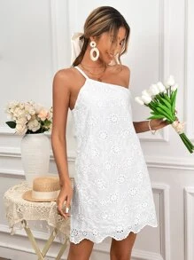 Soleia One Shoulder Scallop Trim Eyelet Embroidery Dress - White - View 6