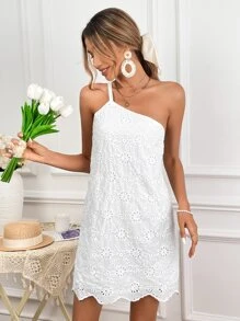 Soleia One Shoulder Scallop Trim Eyelet Embroidery Dress - White - View 7