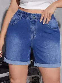 SHEIN Essnce 大碼高腰反摺褲腳牛仔短褲 - 深色水洗藍 - 查看 1