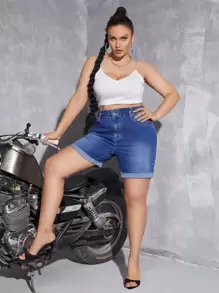 SHEIN Essnce 大碼高腰反摺褲腳牛仔短褲 - 深色水洗藍 - 查看 3