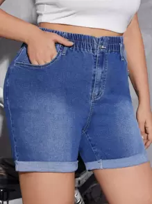 SHEIN Essnce 大碼高腰反摺褲腳牛仔短褲 - 深色水洗藍 - 查看 5