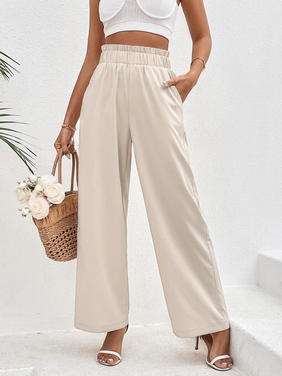 SHEIN VCAY Summer Beach Paperbag Waist Slant Pocket Wide Leg Pants - Apricot - View 1