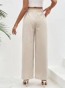SHEIN VCAY Summer Beach Paperbag Waist Slant Pocket Wide Leg Pants - Apricot - View 2