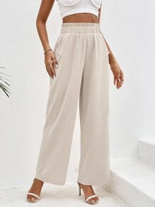 SHEIN VCAY Summer Beach Paperbag Waist Slant Pocket Wide Leg Pants - Apricot - View 3