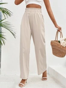 SHEIN VCAY Summer Beach Paperbag Waist Slant Pocket Wide Leg Pants - Apricot - View 5