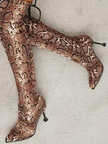 Faux Suede Snakeskin Pattern Sculptural Heeled Sock Boots - Multicolor - View 2